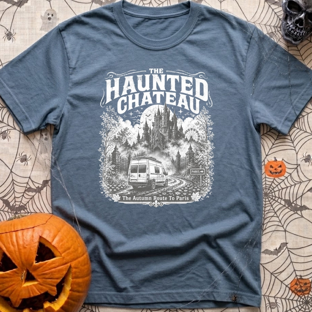 Phantom Of The Road - T-Shirt in Blue Jean - A detailed grayscale illustration of a camper van driving down a misty,...