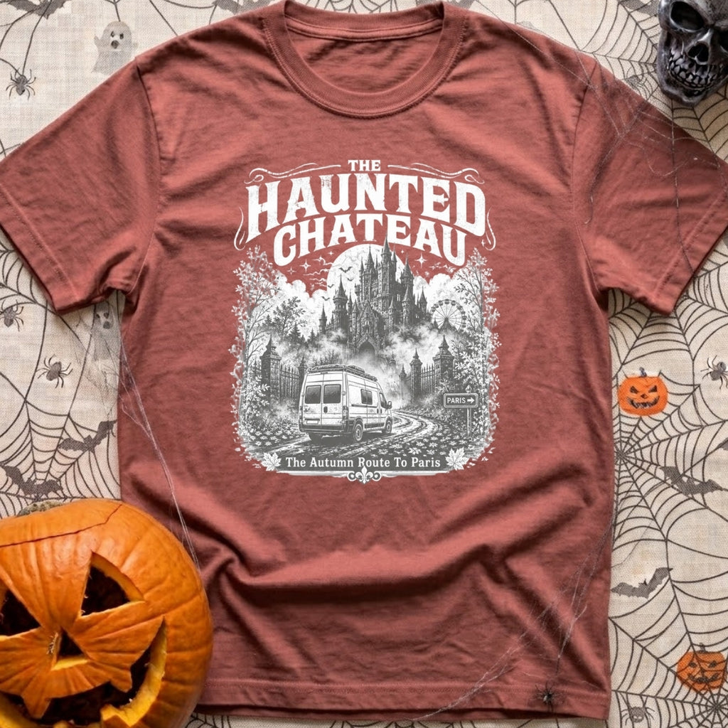 Phantom Of The Road - T-Shirt in Brick - A detailed grayscale illustration of a camper van driving down a misty,...