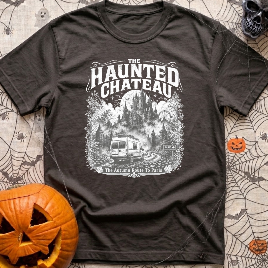 Phantom Of The Road - T-Shirt in Graphite - A detailed grayscale illustration of a camper van driving down a misty,...