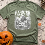 Phantom Of The Road - T-Shirt in Moss - A detailed grayscale illustration of a camper van driving down a misty,...