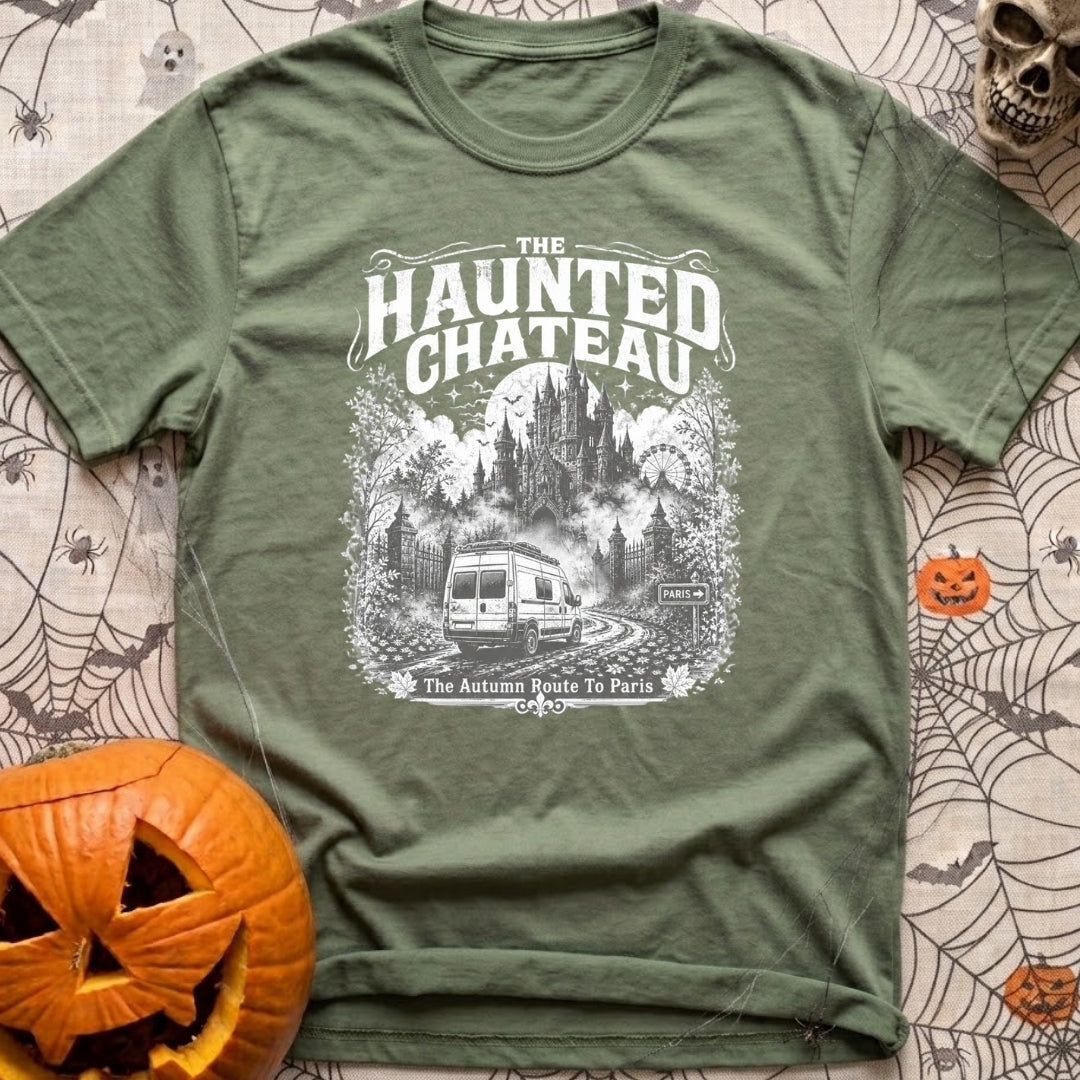 Phantom Of The Road - T-Shirt in Moss - A detailed grayscale illustration of a camper van driving down a misty,...