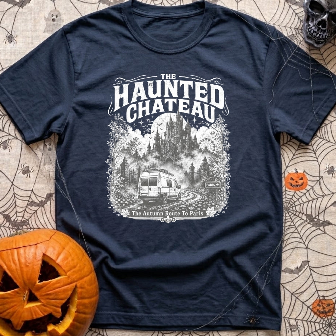 Phantom Of The Road - T-Shirt in Navy - A detailed grayscale illustration of a camper van driving down a misty,...