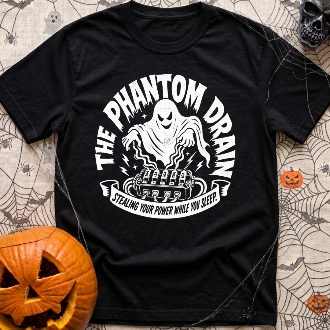 My Amps Are Ghosting - T-Shirt in Black - A white illustration on a black background depicting a ghost hovering its hands...