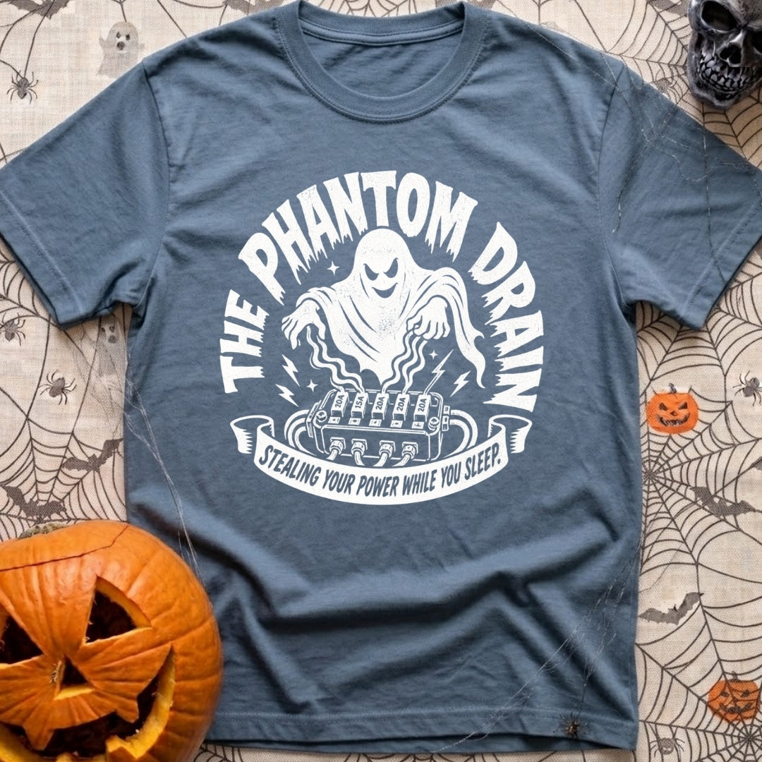 My Amps Are Ghosting - T-Shirt in Blue Jean - A white illustration on a black background depicting a ghost hovering its...