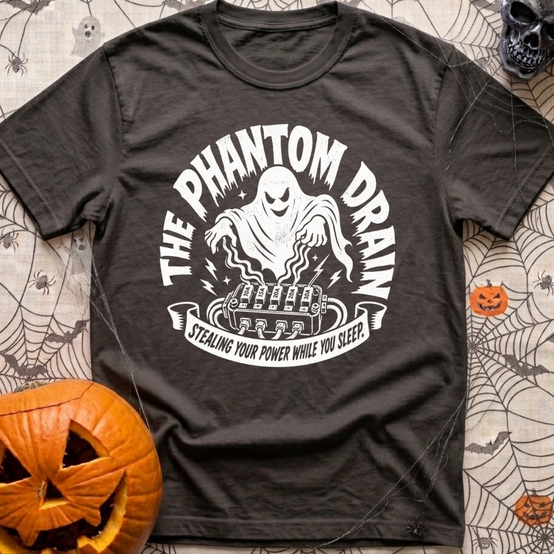 My Amps Are Ghosting - T-Shirt in Graphite - A white illustration on a black background depicting a ghost hovering its...