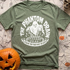 My Amps Are Ghosting - T-Shirt in Moss - A white illustration on a black background depicting a ghost hovering its hands...
