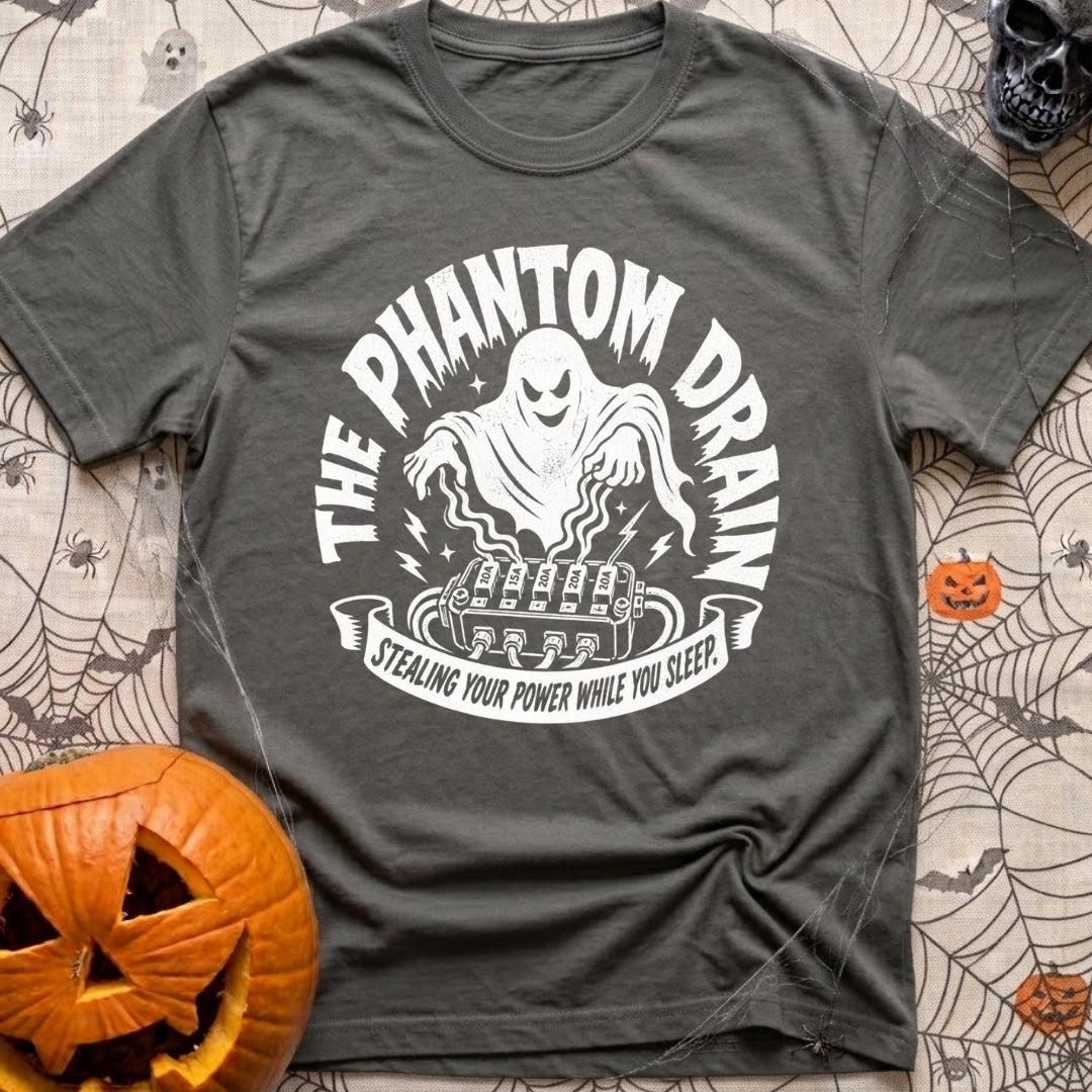 My Amps Are Ghosting - T-Shirt in Pepper - A white illustration on a black background depicting a ghost hovering its...