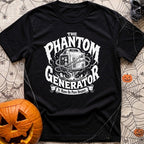 Phantom Of The Campground - T-Shirt in Black - A black and white illustration of a hovering portable generator wrapped in...