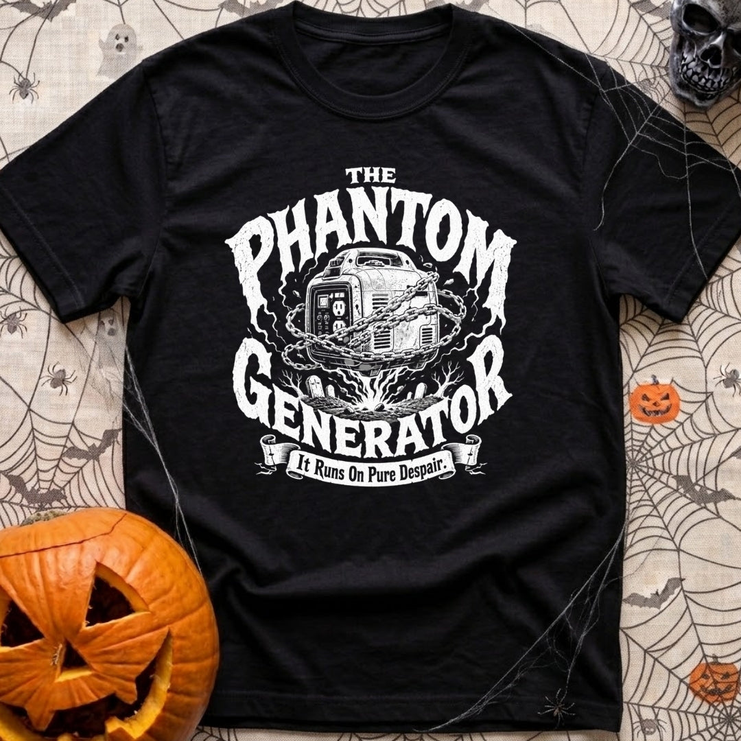 Phantom Of The Campground - T-Shirt in Black - A black and white illustration of a hovering portable generator wrapped in...