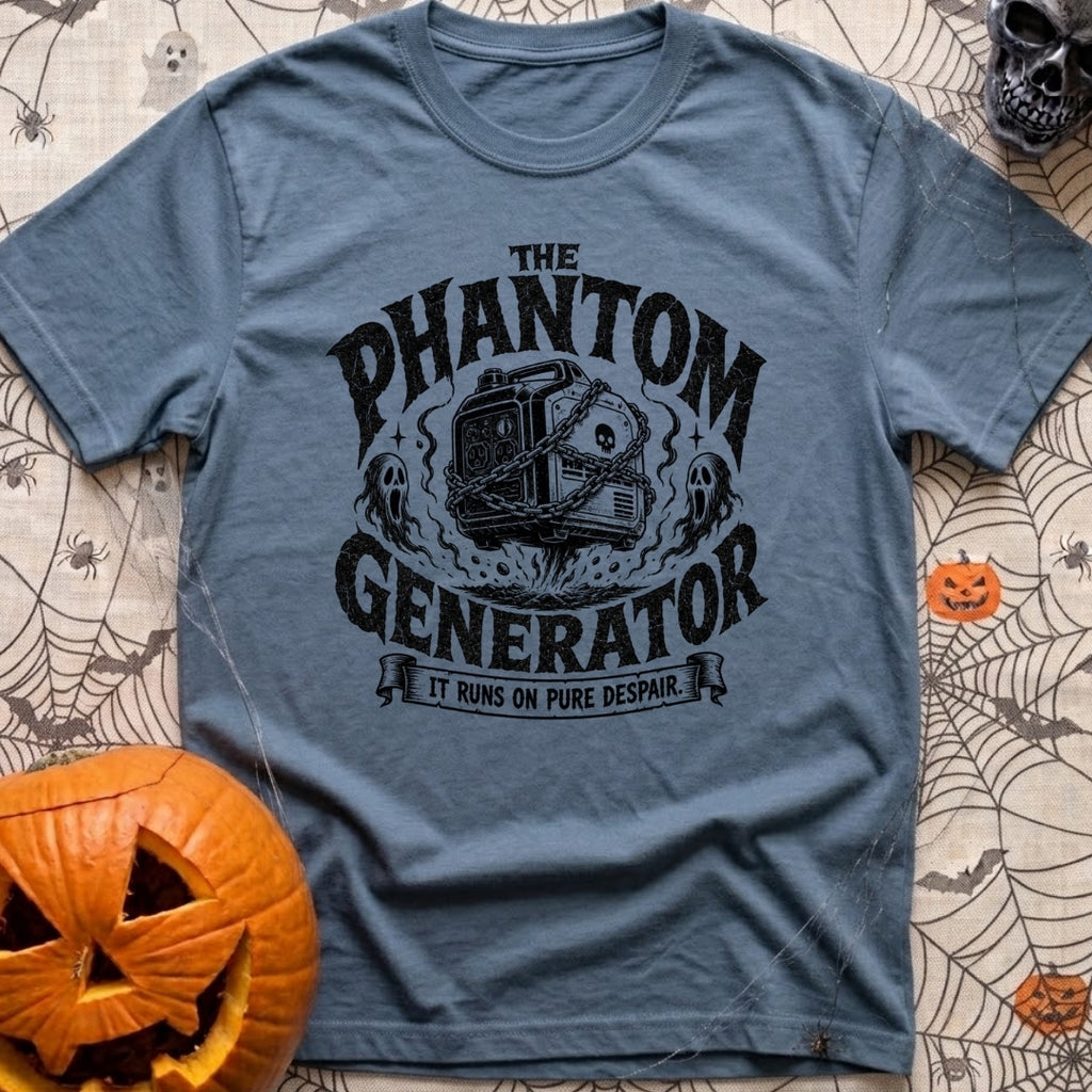 Phantom Of The Campground - T-Shirt in Blue Jean - A black and white illustration of a hovering portable generator...
