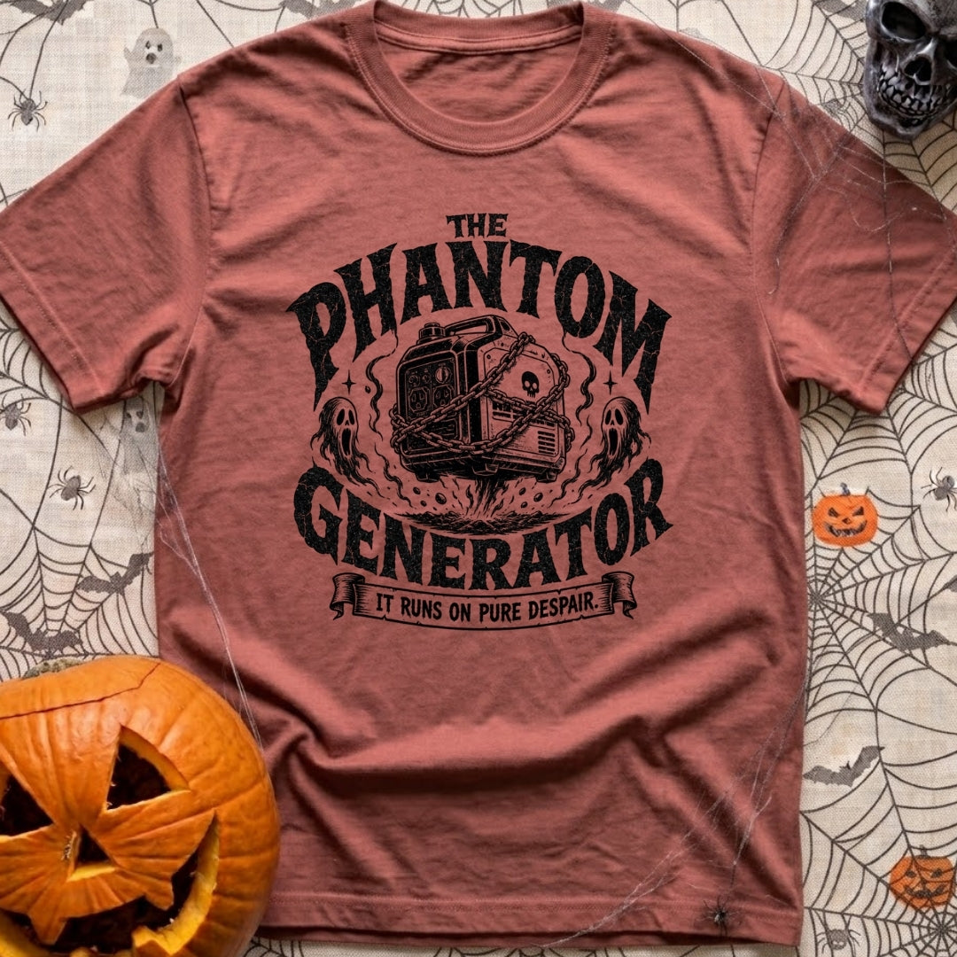 Phantom Of The Campground - T-Shirt in Brick - A black and white illustration of a hovering portable generator wrapped in...