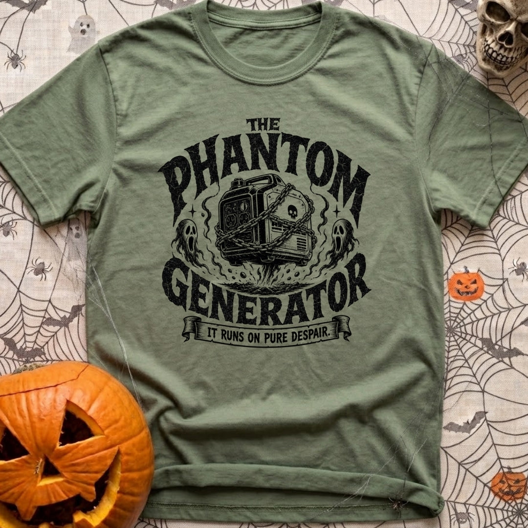Phantom Of The Campground - T-Shirt in Moss - A black and white illustration of a hovering portable generator wrapped in...