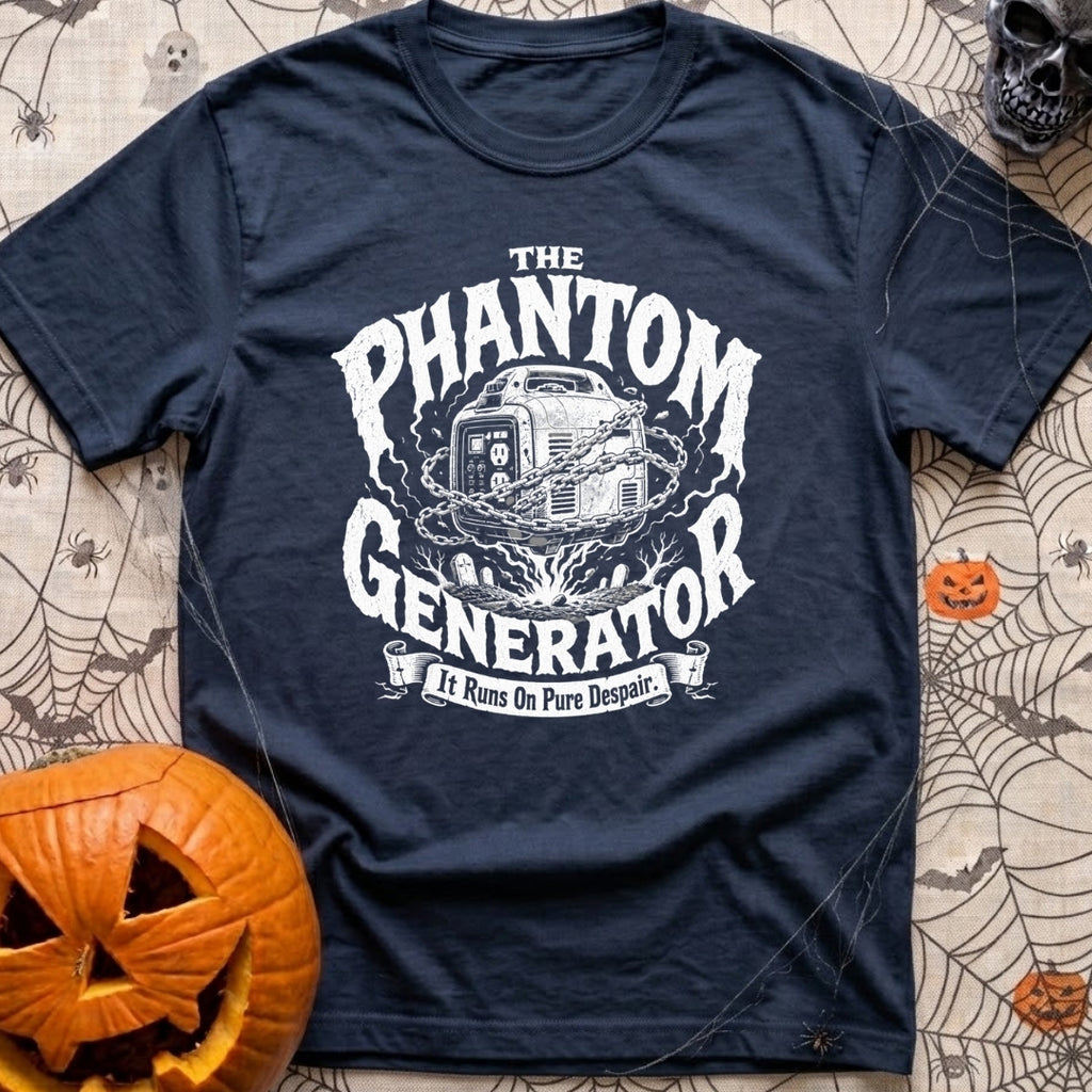 Phantom Of The Campground - T-Shirt in Navy - A black and white illustration of a hovering portable generator wrapped in...