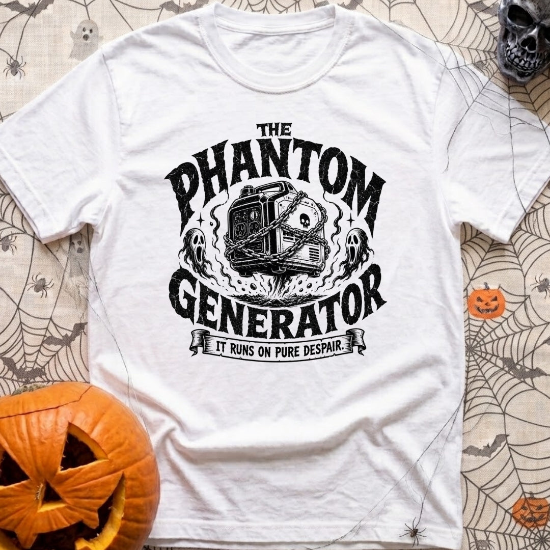 Phantom Of The Campground - T-Shirt in White - A black and white illustration of a hovering portable generator wrapped in...