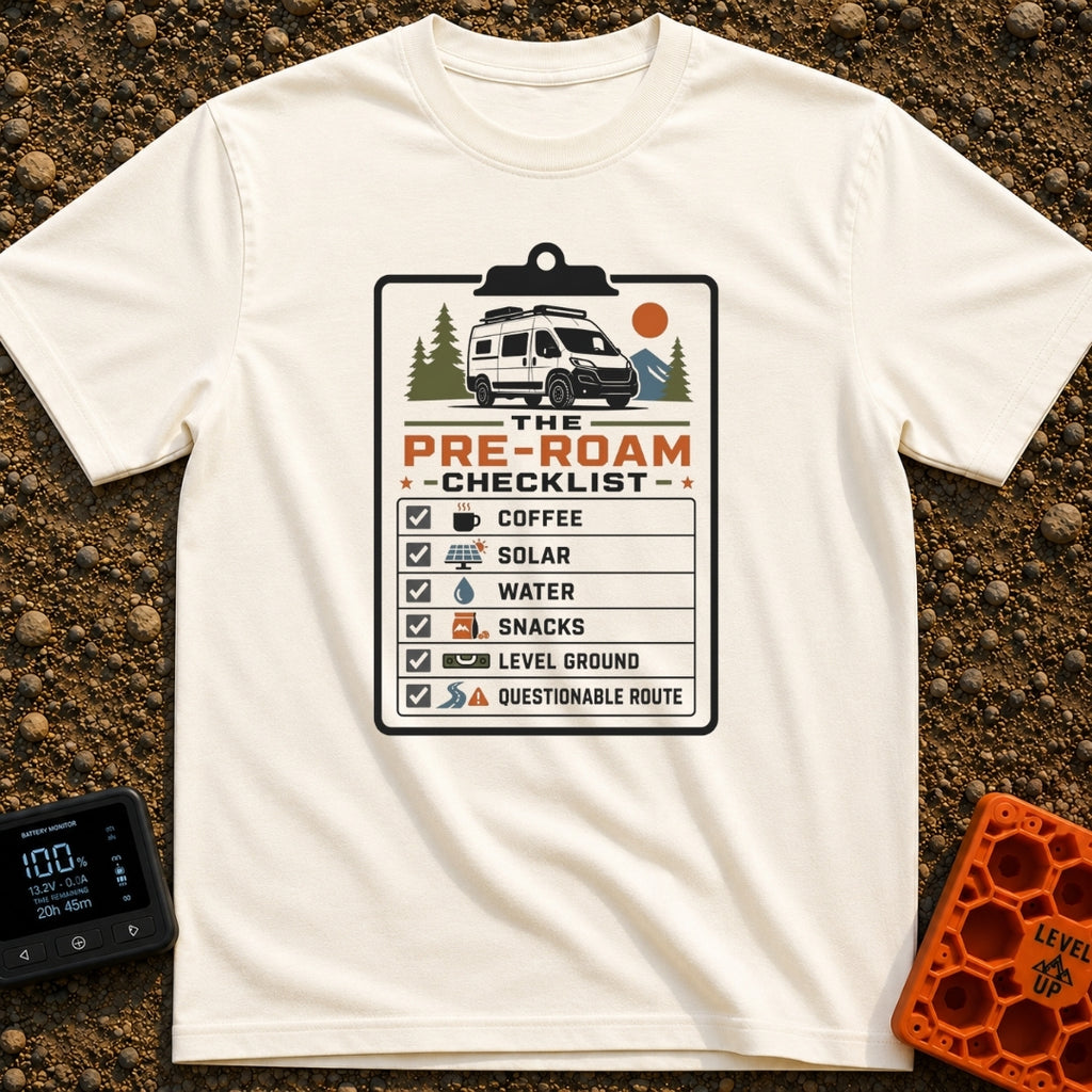 All Systems Roam - T-Shirt in Ivory - A graphic of a clipboard titled "The Pre-Roam Checklist" featuring a camper van...