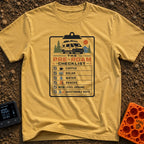All Systems Roam - T-Shirt in Mustard - A graphic of a clipboard titled "The Pre-Roam Checklist" featuring a camper van...