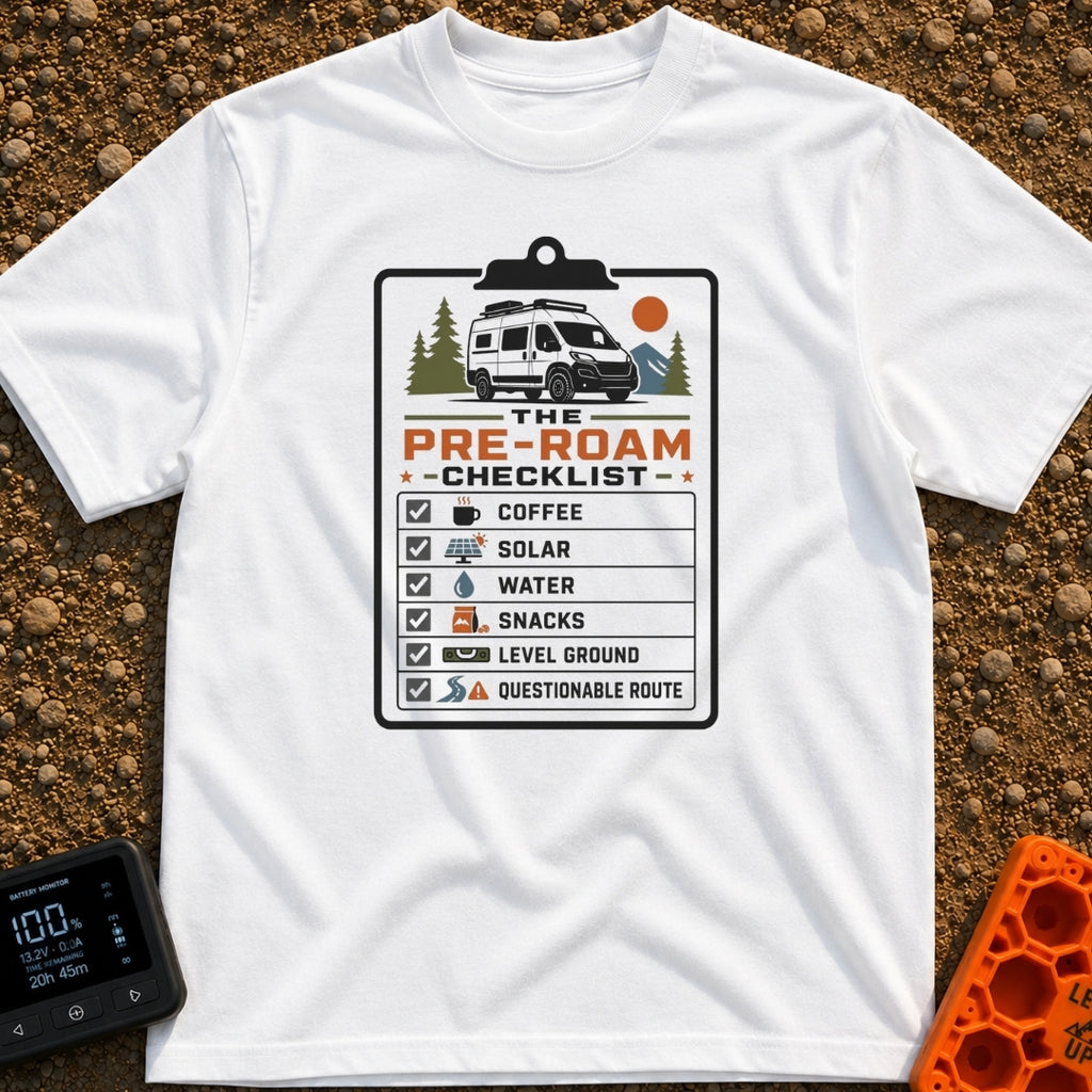 All Systems Roam - T-Shirt in White - A graphic of a clipboard titled "The Pre-Roam Checklist" featuring a camper van...