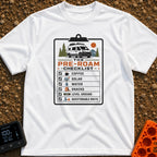 All Systems Roam - T-Shirt in White - A graphic of a clipboard titled "The Pre-Roam Checklist" featuring a camper van...
