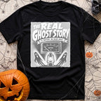 Smore To The Story - T-Shirt in Black - The artwork features spooky-style text reading "THE REAL GHOST STORY" above a...