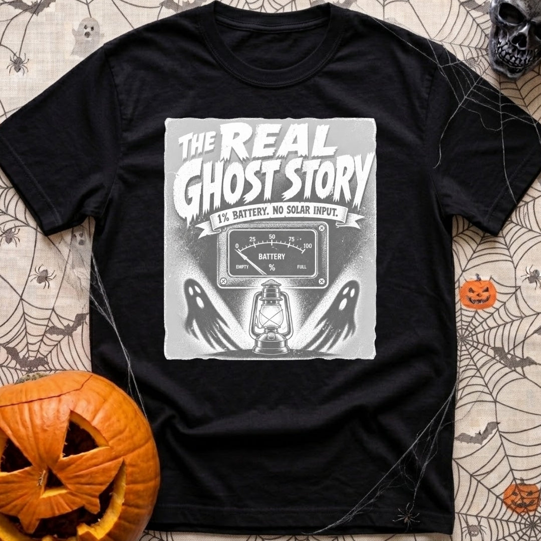 Smore To The Story - T-Shirt in Black - The artwork features spooky-style text reading "THE REAL GHOST STORY" above a...