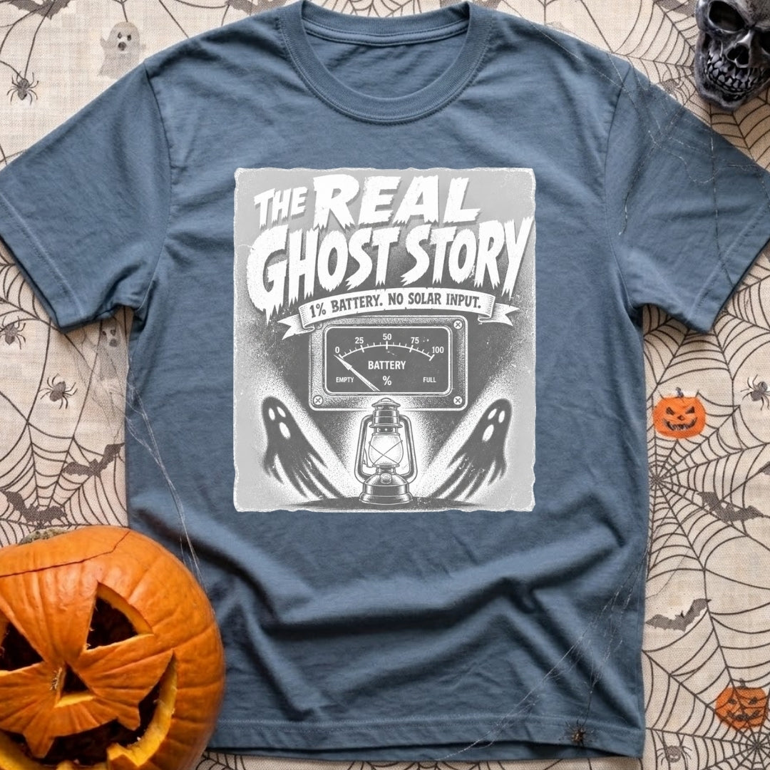 Smore To The Story - T-Shirt in Blue Jean - The artwork features spooky-style text reading "THE REAL GHOST STORY" above a...