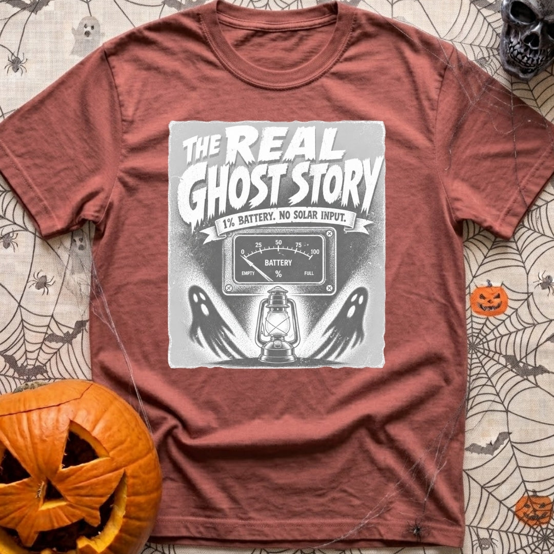 Smore To The Story - T-Shirt in Brick - The artwork features spooky-style text reading "THE REAL GHOST STORY" above a...