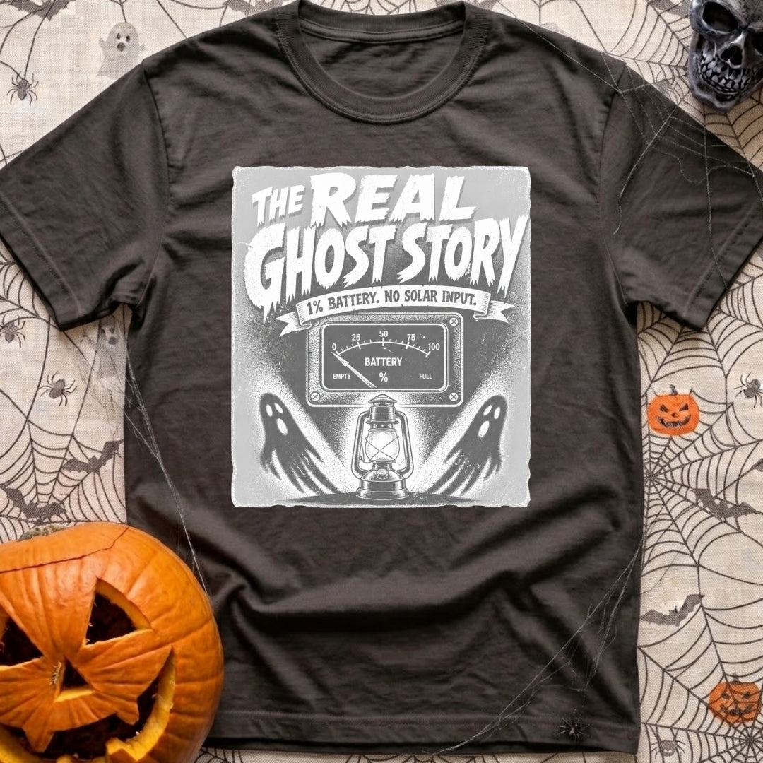 Smore To The Story - T-Shirt in Graphite - The artwork features spooky-style text reading "THE REAL GHOST STORY" above a...