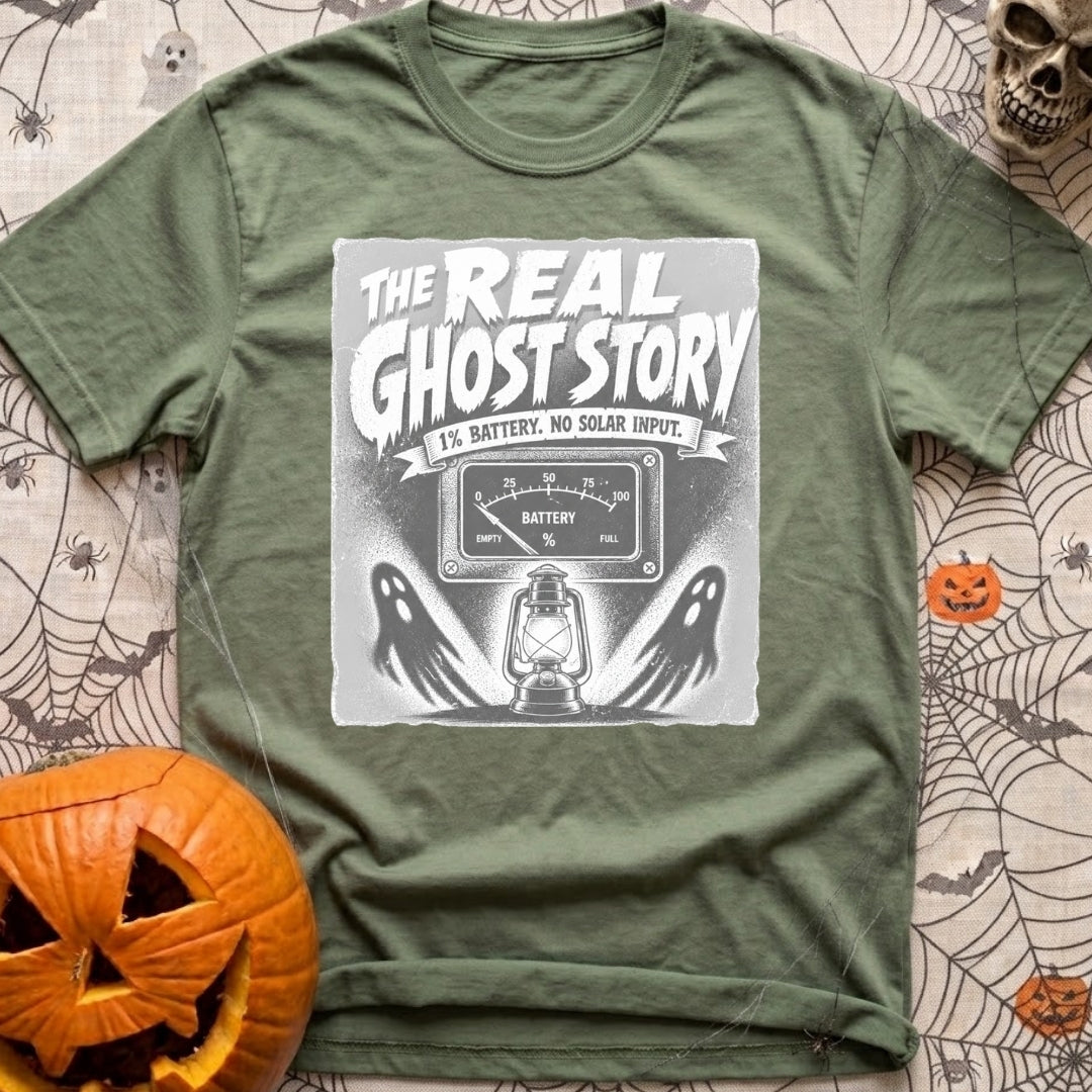 Smore To The Story - T-Shirt in Moss - The artwork features spooky-style text reading "THE REAL GHOST STORY" above a...