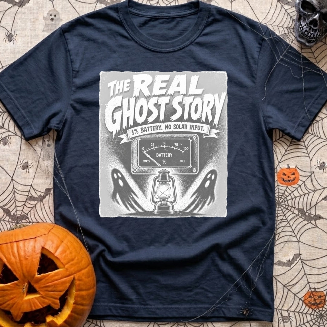 Smore To The Story - T-Shirt in Navy - The artwork features spooky-style text reading "THE REAL GHOST STORY" above a...