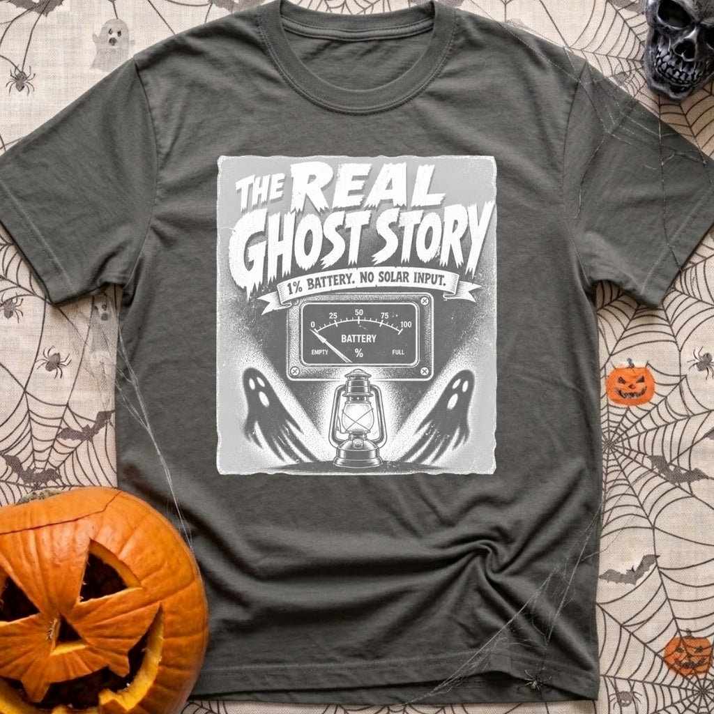 Smore To The Story - T-Shirt in Pepper - The artwork features spooky-style text reading "THE REAL GHOST STORY" above a...
