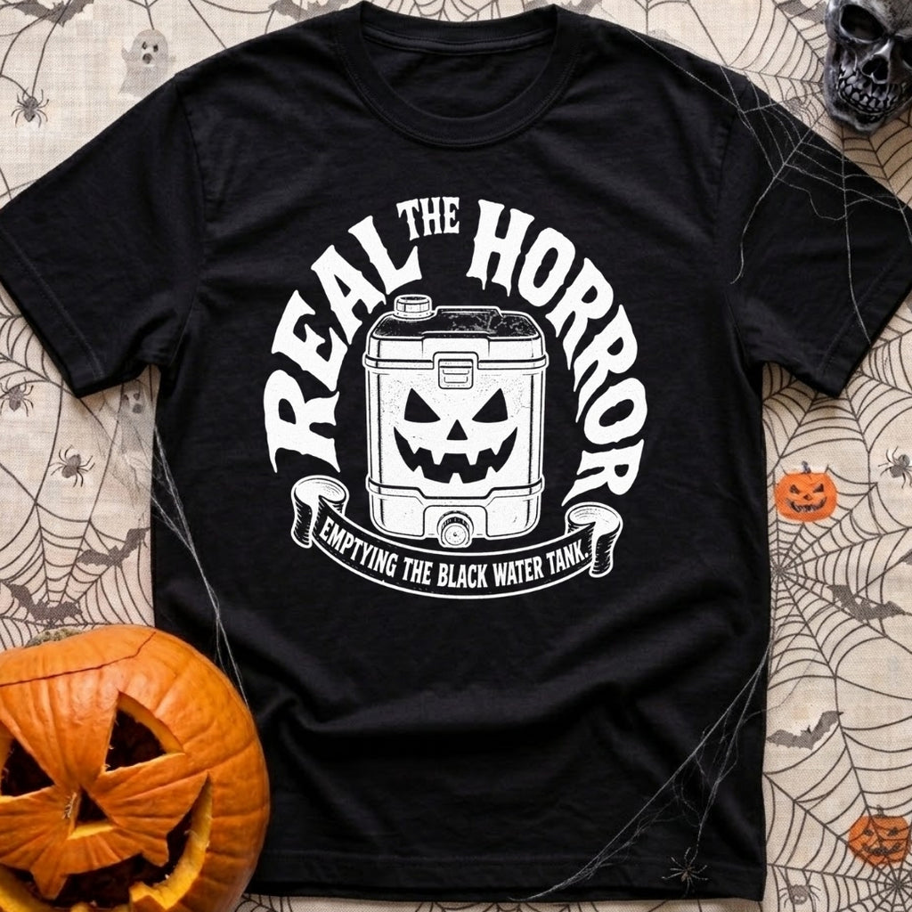 Check Engine Nightmare - T-Shirt in Black - A black-and-white illustration of a portable black water tank with a carved,...