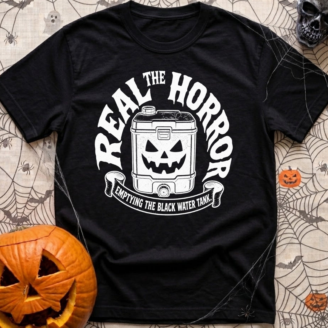 Check Engine Nightmare - T-Shirt in Black - A black-and-white illustration of a portable black water tank with a carved,...