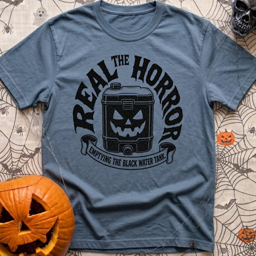 Check Engine Nightmare - T-Shirt in Blue Jean - A black-and-white illustration of a portable black water tank with a...