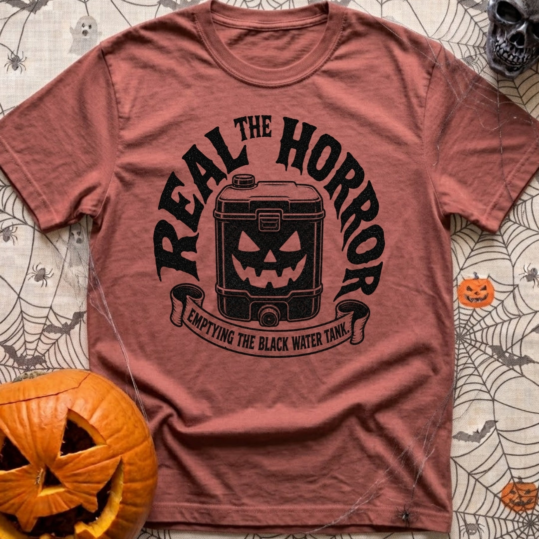 Check Engine Nightmare - T-Shirt in Brick - A black-and-white illustration of a portable black water tank with a carved,...