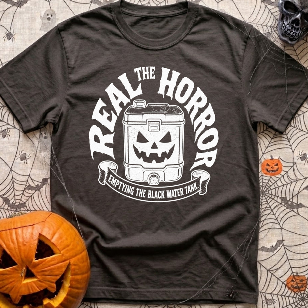 Check Engine Nightmare - T-Shirt in Graphite - A black-and-white illustration of a portable black water tank with a...