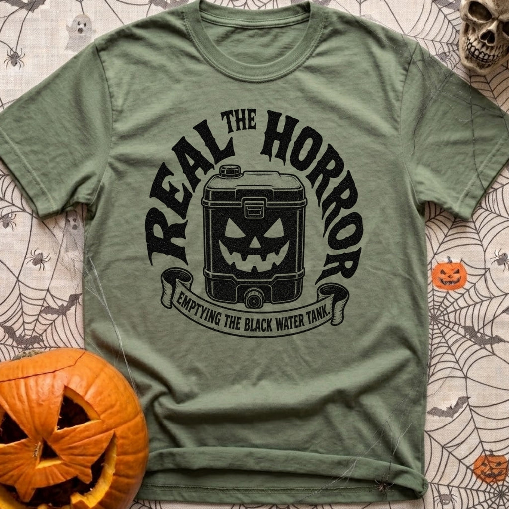 Check Engine Nightmare - T-Shirt in Moss - A black-and-white illustration of a portable black water tank with a carved,...
