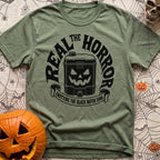 Check Engine Nightmare - T-Shirt in Moss - A black-and-white illustration of a portable black water tank with a carved,...