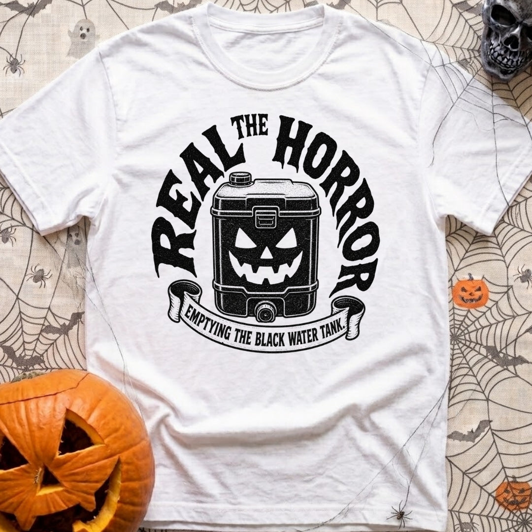 Check Engine Nightmare - T-Shirt in White - A black-and-white illustration of a portable black water tank with a carved,...