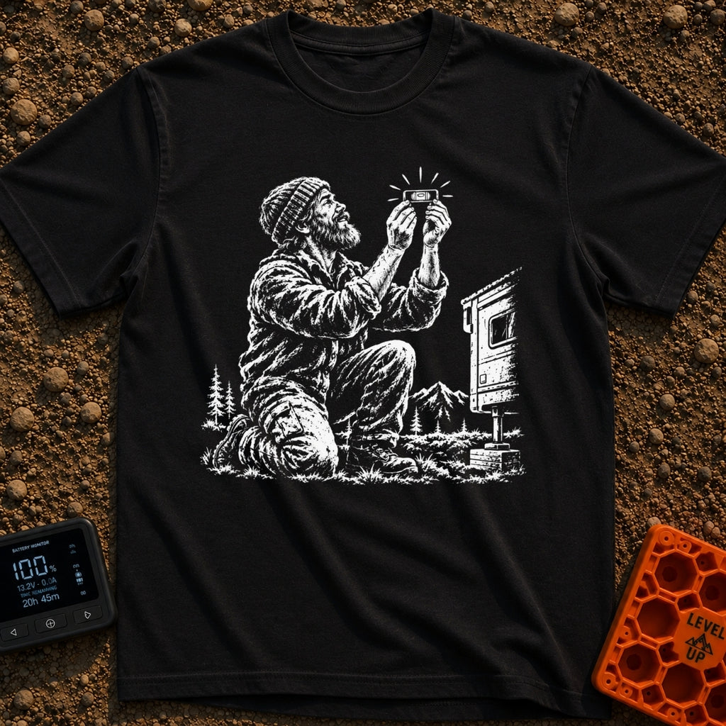 In Bubble We Trust - T-Shirt in Black - A white line-art illustration showing a bearded man kneeling beside a camper...