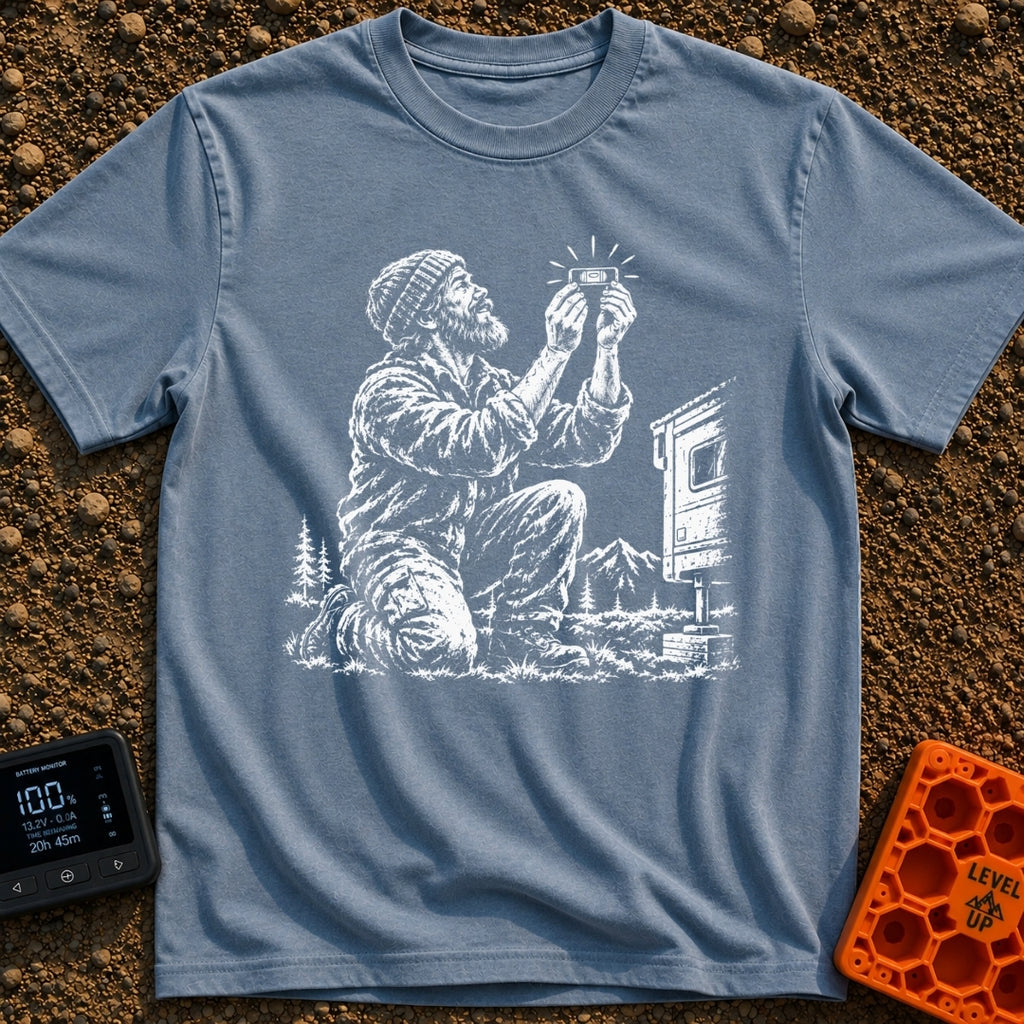 In Bubble We Trust - T-Shirt in Blue Jean - A white line-art illustration showing a bearded man kneeling beside a camper...