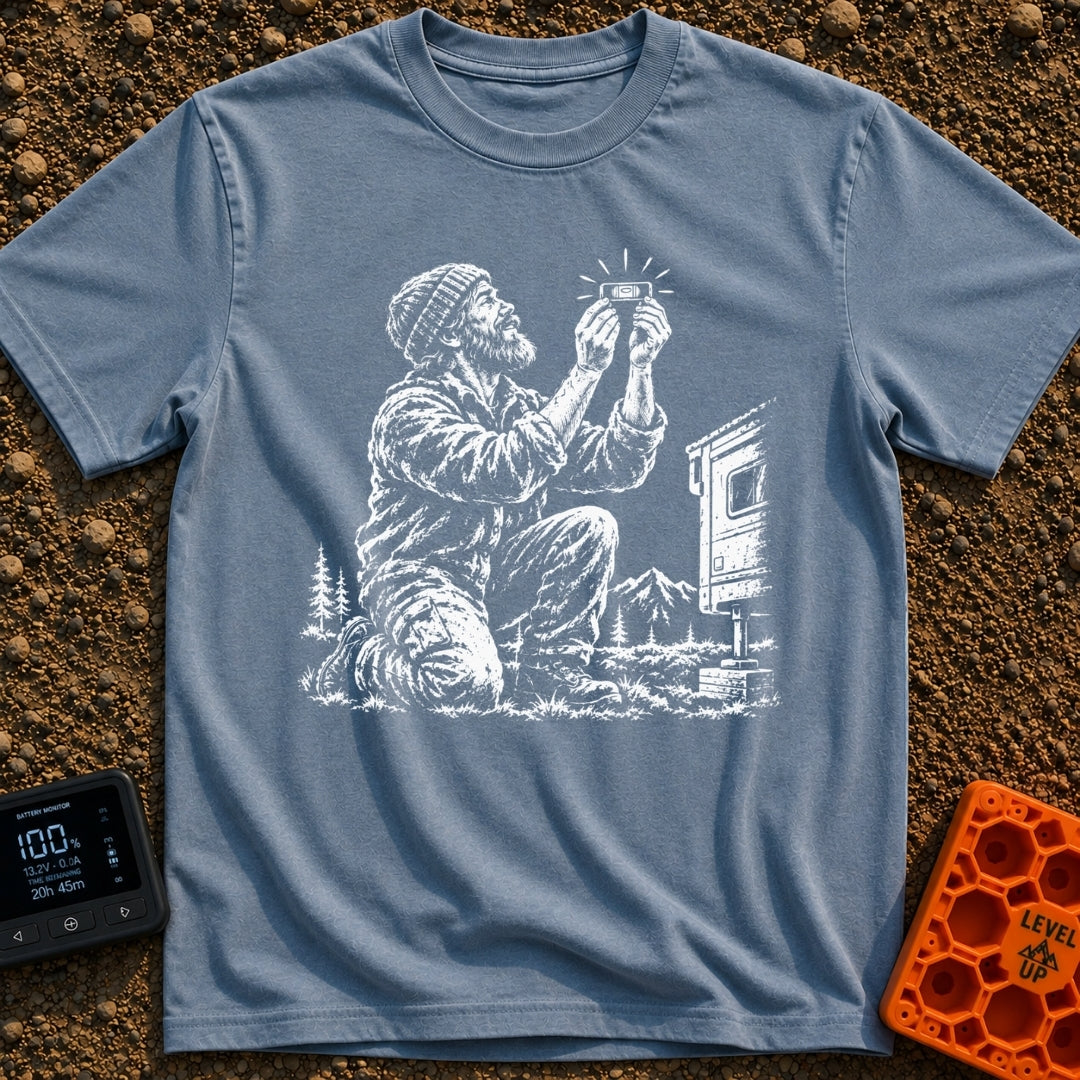 In Bubble We Trust - T-Shirt in Blue Jean - A white line-art illustration showing a bearded man kneeling beside a camper...