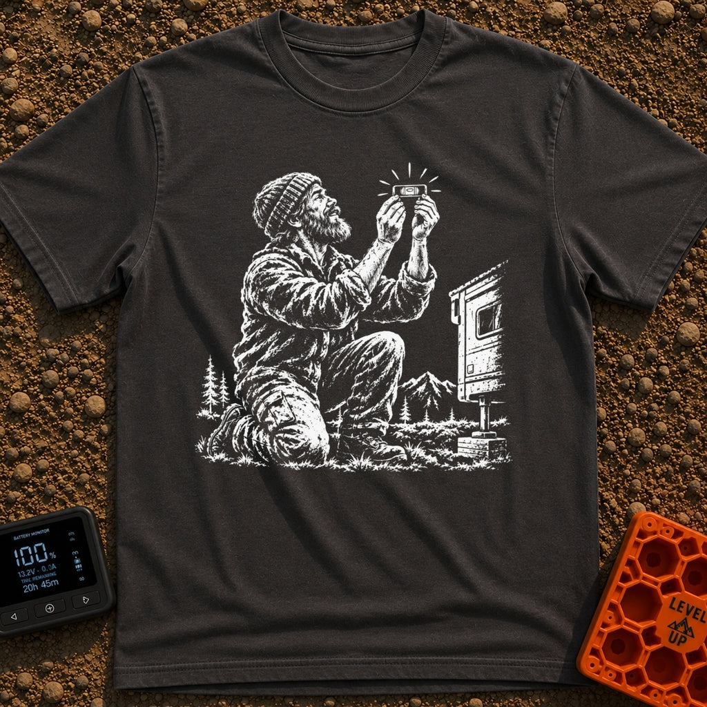 In Bubble We Trust - T-Shirt in Graphite - A white line-art illustration showing a bearded man kneeling beside a camper...