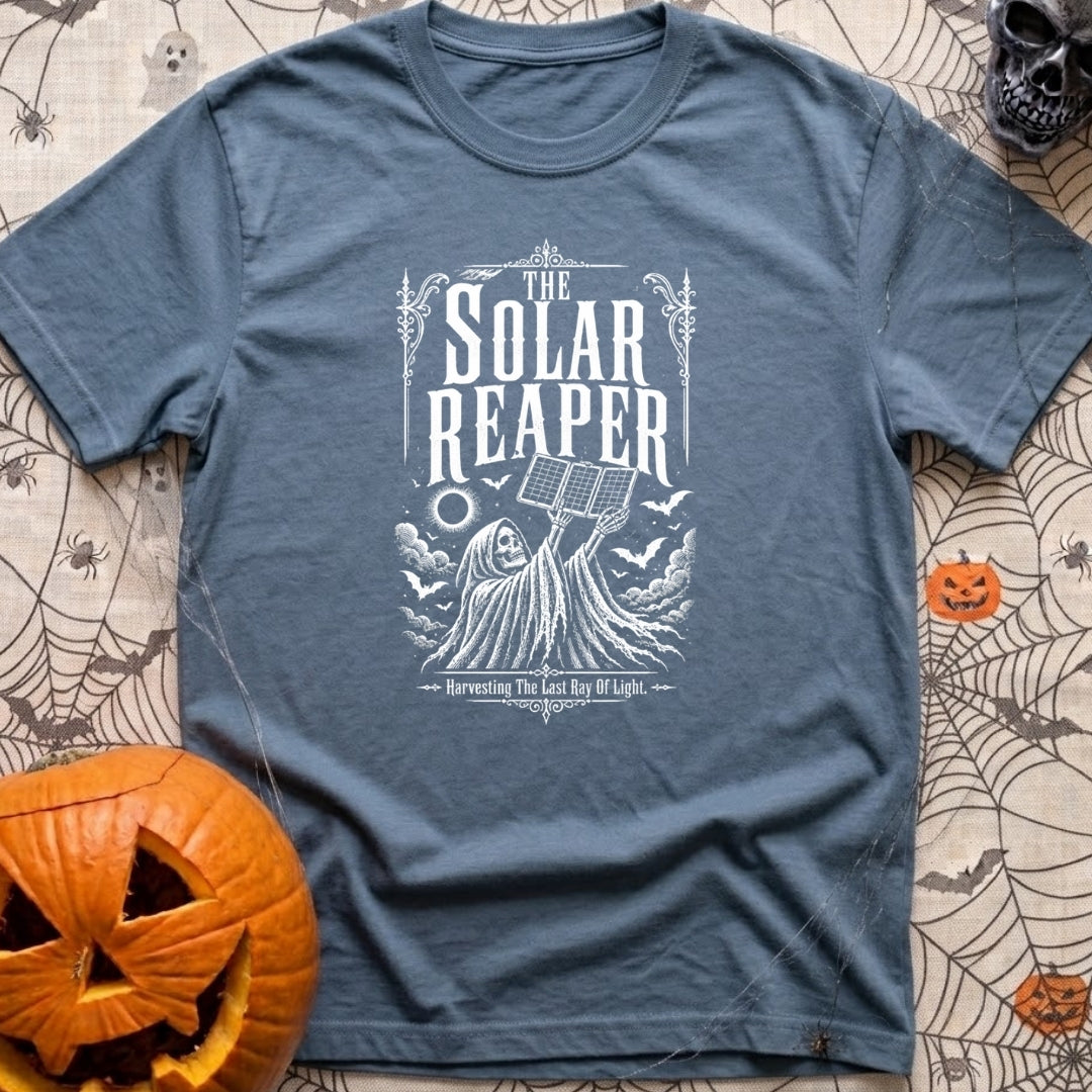 Reap What You Sun - T-Shirt in Blue Jean - A black-and-white, vintage-style illustration of the Grim Reaper holding a...