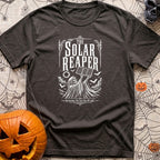 Reap What You Sun - T-Shirt in Graphite - A black-and-white, vintage-style illustration of the Grim Reaper holding a...