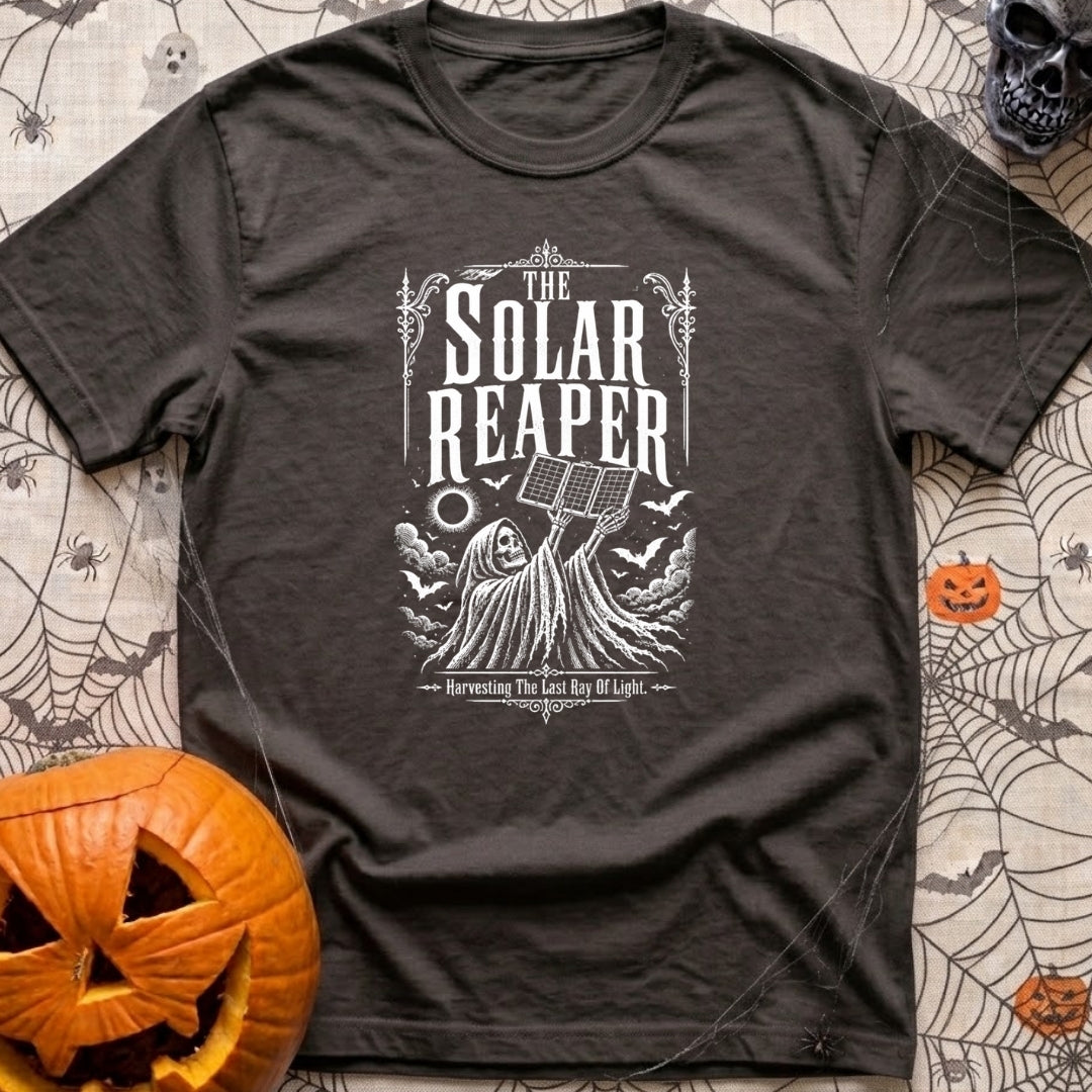 Reap What You Sun - T-Shirt in Graphite - A black-and-white, vintage-style illustration of the Grim Reaper holding a...