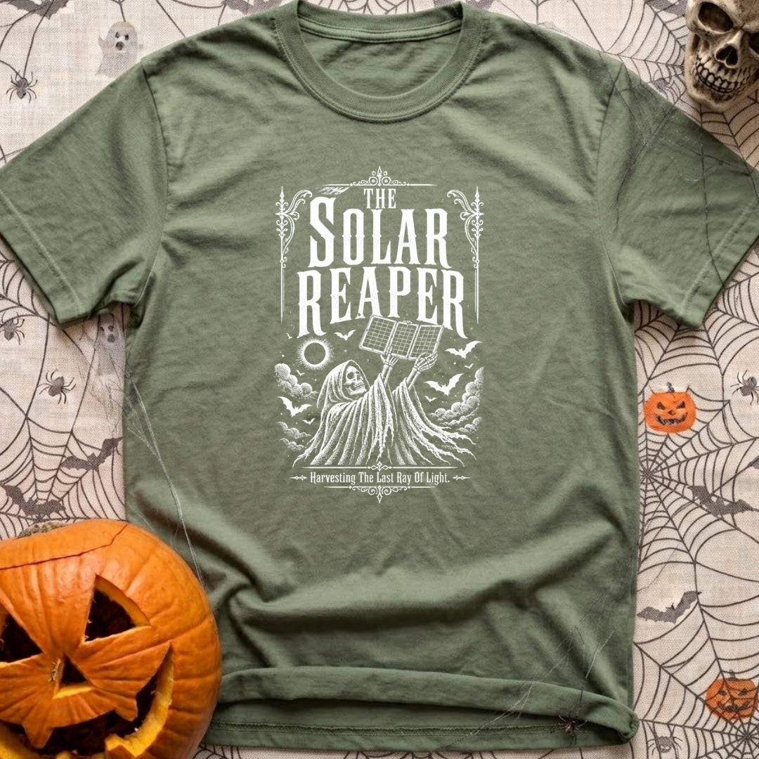 Reap What You Sun - T-Shirt in Moss - A black-and-white, vintage-style illustration of the Grim Reaper holding a folding...