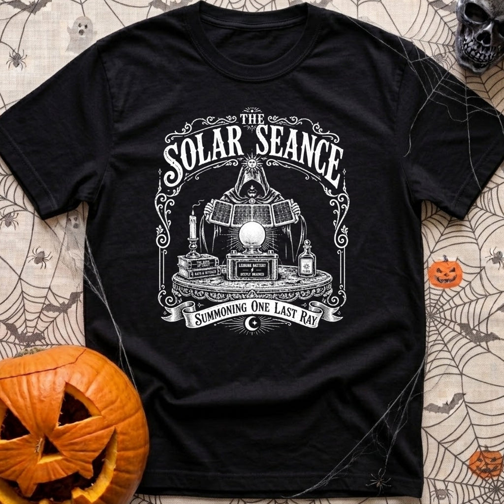 The Solar Seance - T-Shirt in Black - A vintage-style white line drawing of a hooded figure holding up foldable solar...