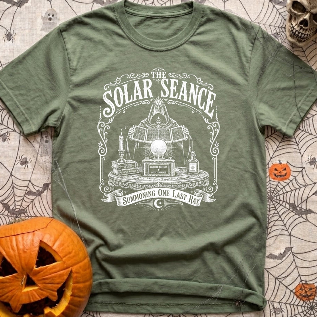 The Solar Seance - T-Shirt in Moss - A vintage-style white line drawing of a hooded figure holding up foldable solar...