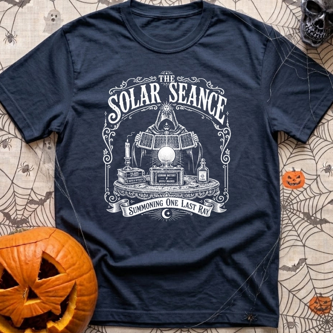 The Solar Seance - T-Shirt in Navy - A vintage-style white line drawing of a hooded figure holding up foldable solar...