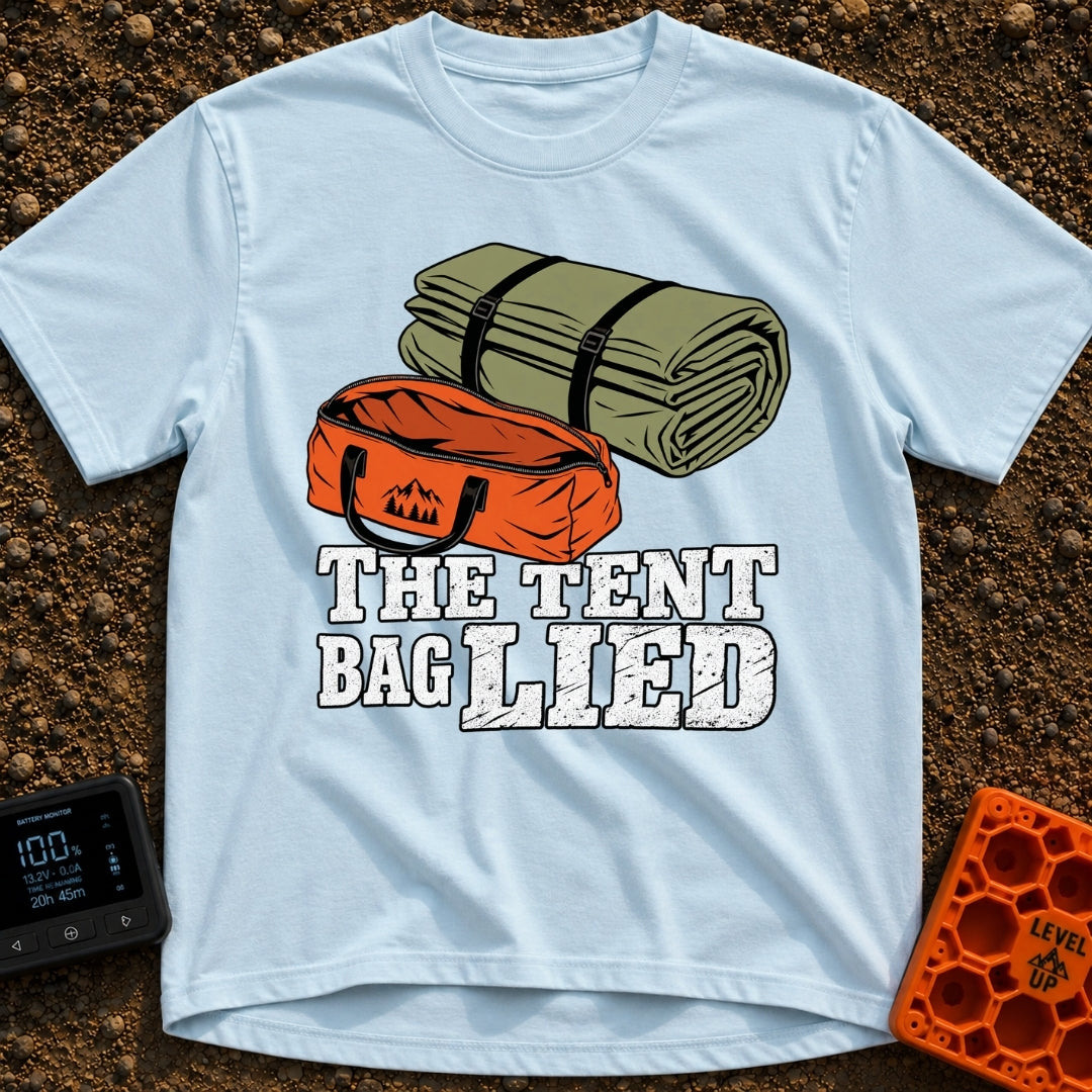 The Tent Bag Lied - T-Shirt in Chambray - A graphic showing a large rolled-up green tent sitting next to a noticeably...